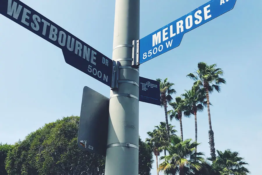 Melrose Avenue street signs and palm trees in Los Angeles