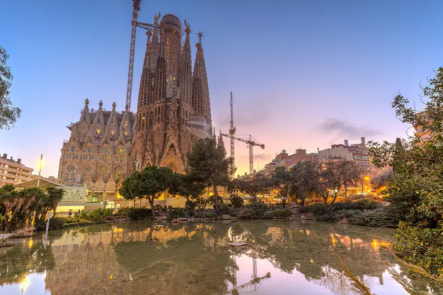 The Sagrada Família reflected in a pond in Barcelona