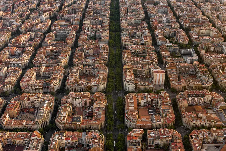 Aerial view of Barcelona's Eixample street grid
