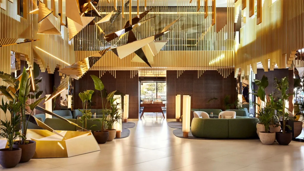 Lobby and golden staircase at Grand Hyatt Barcelona