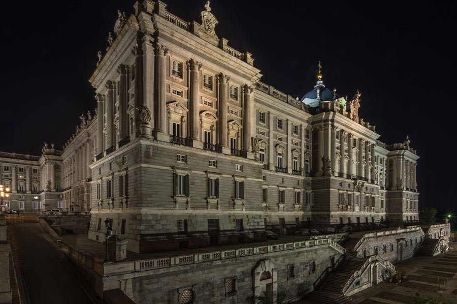 The Royal Palace of Madrid illuminated at night