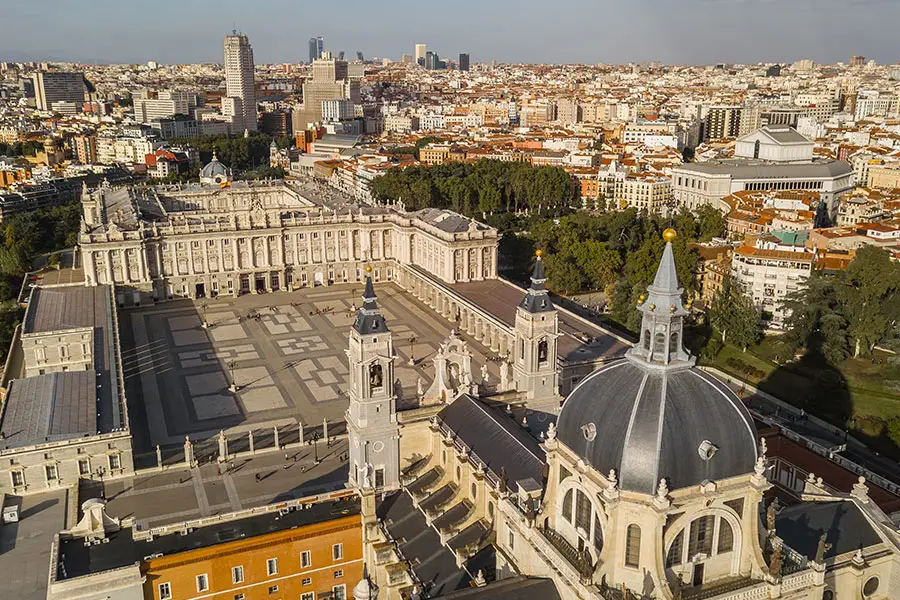 Aerial view of Madrid rooftops and city landmarks