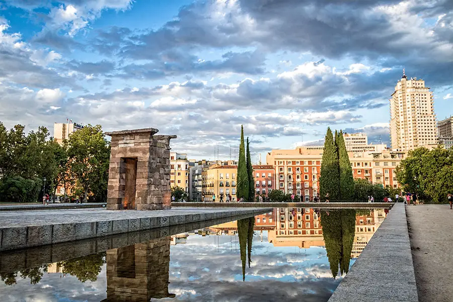 Temple of Debod and its reflecting pool in Madrid
