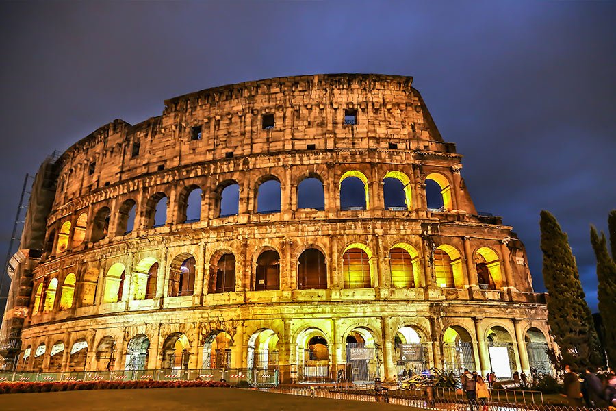 The Colosseum in Rome illuminated at night